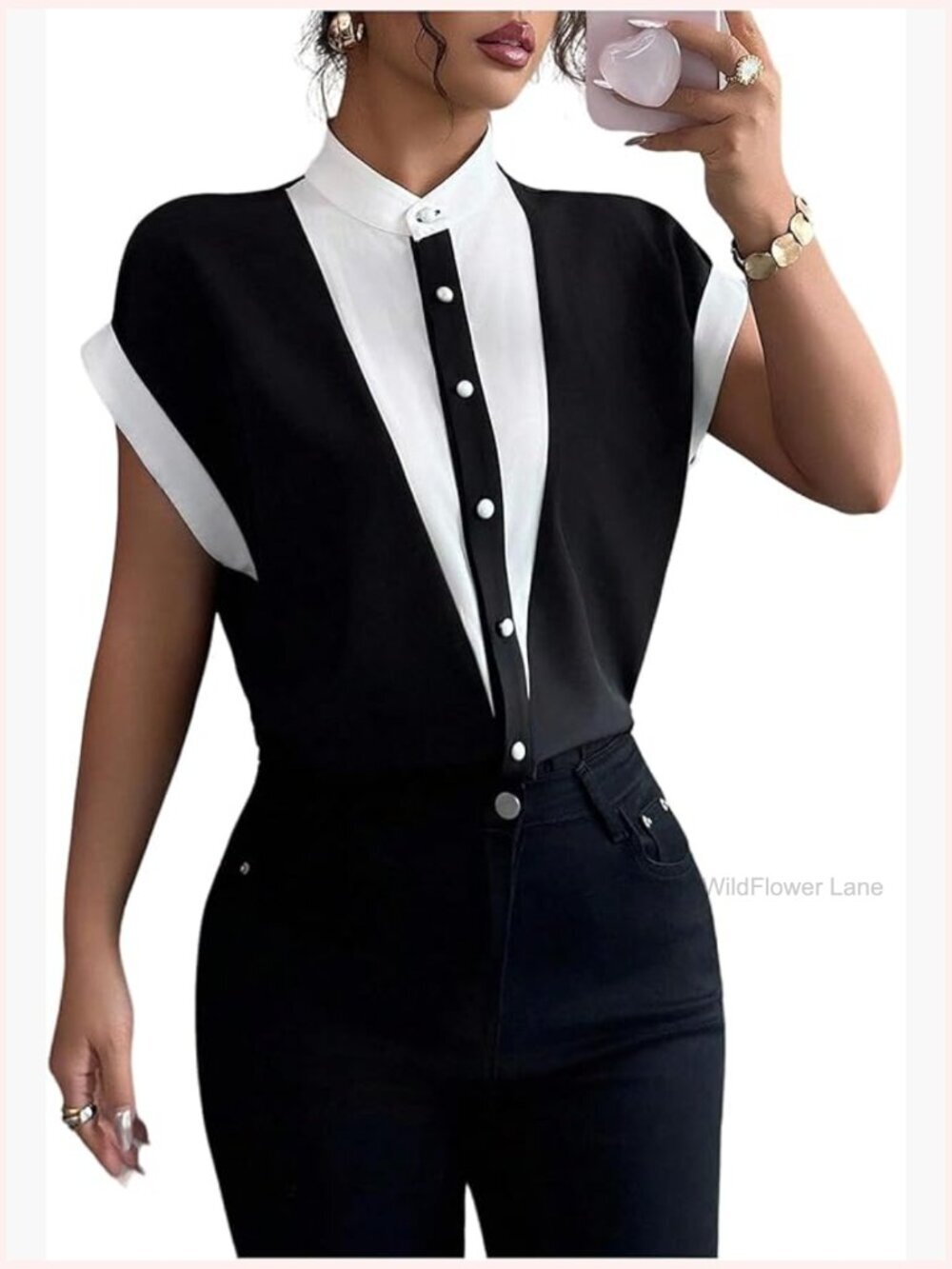 Button Down Shirt Mock Neck Cap Sleeve Color Block Blouse Dressy Work Top
